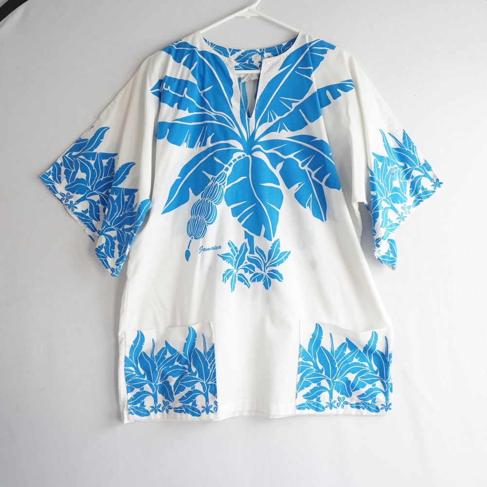 VTG Sun Island Jamaica Tropical Palm Tree Tunic Top White‎ Blue Aloha V-Neck